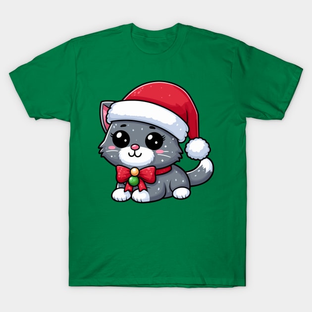 British Shorthair Cat Wearing Santa Hat Merry Christmas T-Shirt by Maljonic